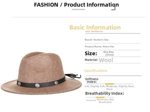 Detail view of khaki wool fedora hat with a black studded leather band and 57cm size label
