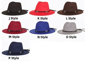 Grid display of wool fedora hats in seven classic colors with decorative metal buckles