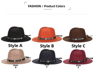 Multiple colors of wool felt fedora hats with studded leather bands and tassels