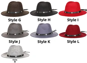 Detail showcasing variety of wool fedora hats with rivet leather bands and tassels