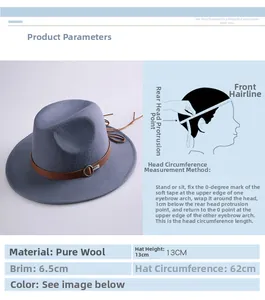 Detailed size specifications of the grey blue wool fedora hat with buckle band