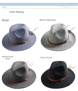 Color options of wool fedora hats with leather bands in gray and black shades