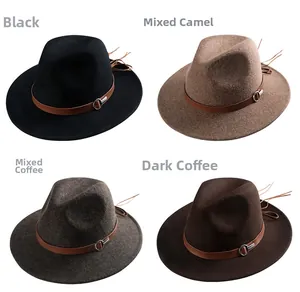 Four wool fedora hats in black, camel and coffee with leather belt and tassel details