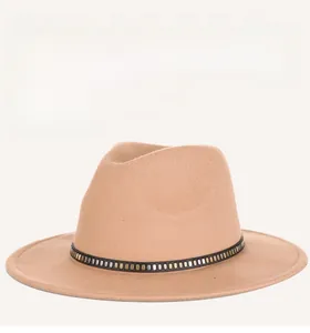 Detail view of khaki wool fedora hat with metal studded leather band and texture