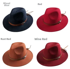 Detail view of four colored wool fedora hats with leather bands and tassel accents