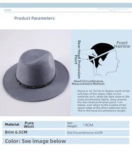Detail of wool fedora showing 13cm height, 6.5cm brim, and 62cm circumference specs
