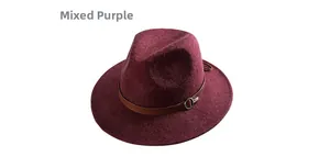 Close-up of mixed purple wool fedora with brown leather band and silver buckle
