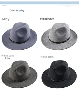 Detail view of wool fedora hats in Gray, Mixed Gray, Mixed Dark Gray and Mixed Black tones