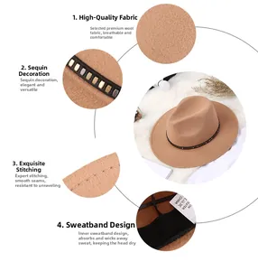 Detail view of khaki wool fedora featuring sequined band and breathable sweatband