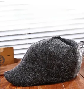 Detailed close-up of the thick grey faux mink fur texture on this winter men's flat cap