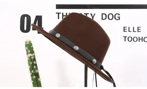 Detail of dark brown wool fedora with silver metallic studs and black decorative ribbon