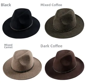 Detail of wool fedora hats in multiple colors featuring leather bands and metal rivets