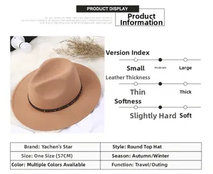Detailed view of brown wool fedora with studded belt band and size 57cm dimensions