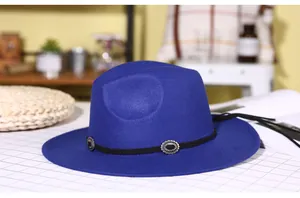 Detailed macro view of royal blue fedora hat with elegant silver buckle on black leather band