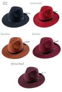 Detail view of colorful wool fedora hats with leather bands and tassels in five colors