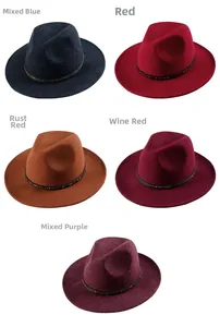 Detailed color options of wool fedora hats with rivet bands in red, blue, and purple