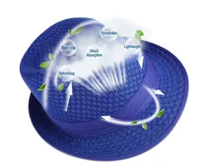 Detail of royal blue mesh sun hat with breathable fabric and moisture-wicking inner band