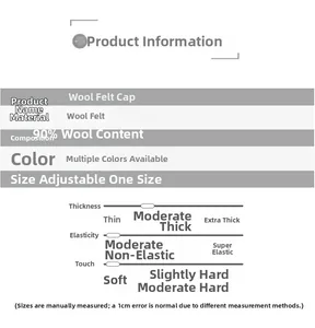 Detailed chart showing 90% wool composition and adjustable size for this flat cap