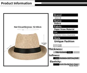 Detailed sizing chart and specifications for the straw fedora hat with ribbon trim