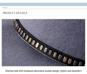 Close-up of gray wool fedora with a leather band featuring tri-color metal buckles