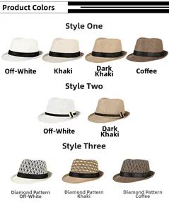 Close-up of assorted straw fedora hats in cream, khaki and coffee with black bands