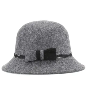Damen Vintage Wollfilz Glockenhut Mit Schleife Gepunktetes Band Gold Stern Metallschnalle Elegant Winter Warm Fedora Topfhut