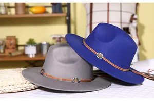 Detail of wool fedora hats in royal blue and light grey with leather band and metal buckle