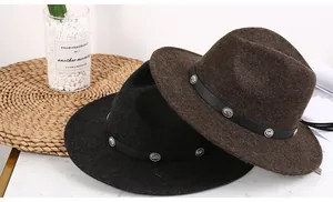Detail of wool fedora hats in black and coffee with leather belts and silver rivets