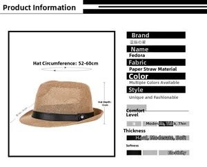 Size chart for paper straw fedora hat showing 52-60cm circumference and 4cm brim details