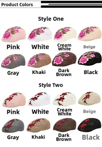 Close-up of floral embroidery on breathable mesh berets in various summer colors
