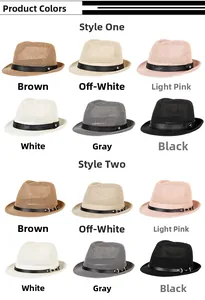 Detailed grid view of straw fedora hats in six colors with two decorative belt styles