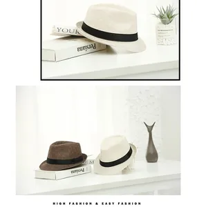 Straw fedora hats in beige and dark brown with black ribbon detail for summer