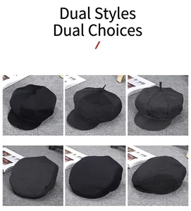 Detailed close-up showing two styles of black wool blend newsboy caps for men