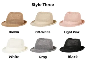 Straw fedora sun hats displayed in brown, beige, pink, white, grey, and black