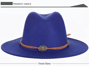 Close-up of a royal blue wool fedora with brown leather band and vintage silver conchos