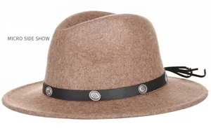 Detail view of brown wool felt hat with black leather band and silver floral studs
