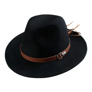Classic black wool fedora hat with brown leather band and side tassel detail