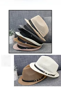 Detail showing various colors of breathable straw fedora hats with leather bands