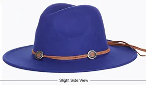 Detail of navy wool fedora hat featuring brown leather band and silver vintage buckles