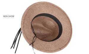 Detail showing the inner structure of a brown wool fedora with sweatband and drawstring
