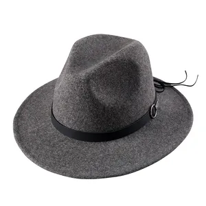Classic dark grey wool fedora hat with wide brim, black leather band and metal buckle
