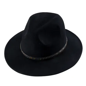 Elegant black wool fedora hat with metallic stud band decoration and wide brim style