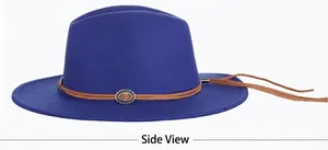 Close-up of royal blue wool fedora featuring brown leather cords and silver metal studs