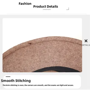 Close-up of dual stitching craftsmanship on the brim of a camel wool felt fedora hat