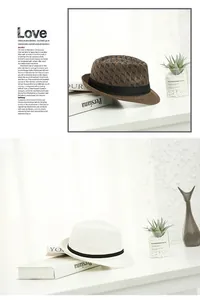 Classic straw fedora hats in coffee textured weave and plain white with black bands