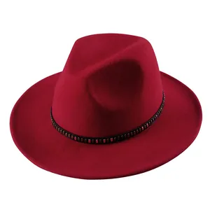 Elegant dark red wool fedora hat with wide brim and studded black decorative band