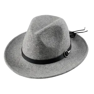 Classic grey wool fedora hat with black leather band and silver buckle detail