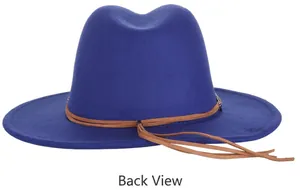 Detailed back view of dark blue wool fedora hat with brown tassel strap decoration