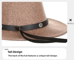 Detail of wool felt hat featuring a western leather band with metal studs and tassel