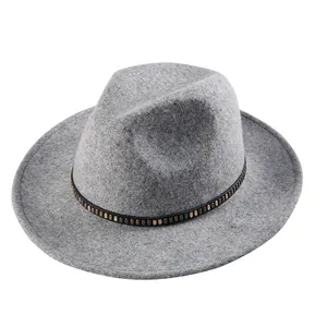 Elegant marl grey wool fedora hat with a metal studded leather band in classic British style
